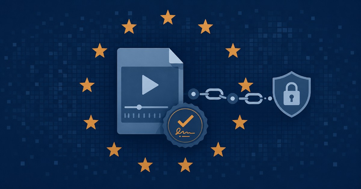 Karta videosouboru s certifikačním odznakem a digitálním podpisem propojená řetězem se štítem a zámkem, kolem kruh hvězd jako symbol evropských pravidel označování AI obsahu